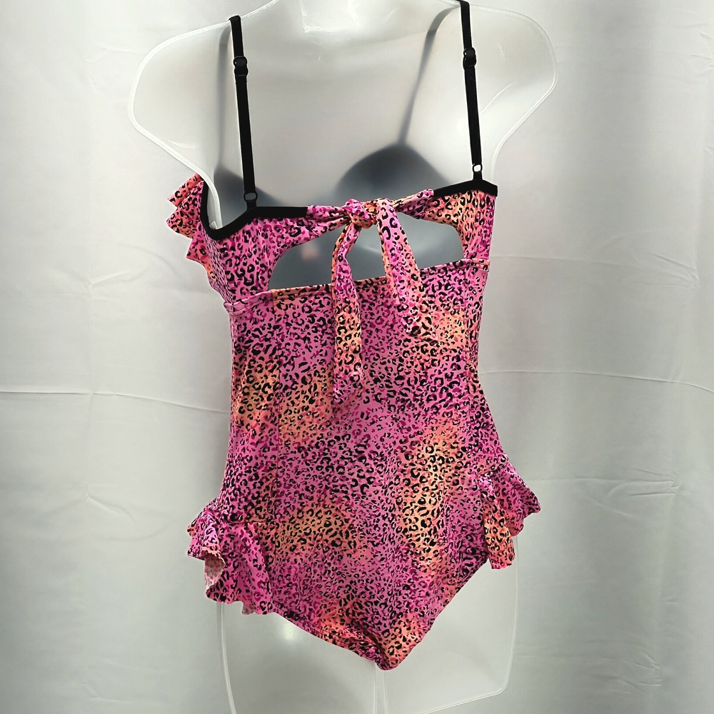 Coco Rave Neon Pink & Orange Leopard Ruffle One Piece Swimsuit XS/S - Picture 4 of 10